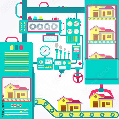 Colorful factory of houses with cute machines