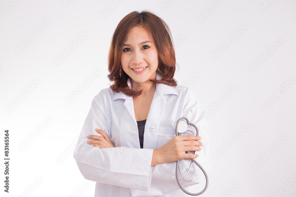 Asian medicine doctor woman, closeup portrait on white backgroun Asian medicine doctor woman, closeup portrait on white backgroun