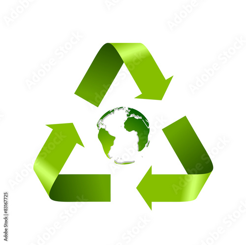 Green recycle logo and globe isolated on white