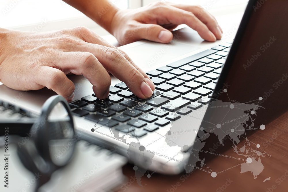 Young creative designer man working at office and social network Young creative designer man working at office and social network