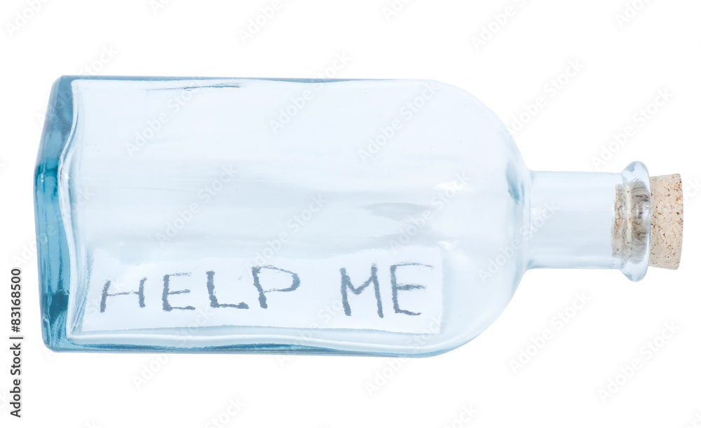 Glass bottle with letter HELP ME isolated on white background Glass bottle with letter HELP ME isolated on white background