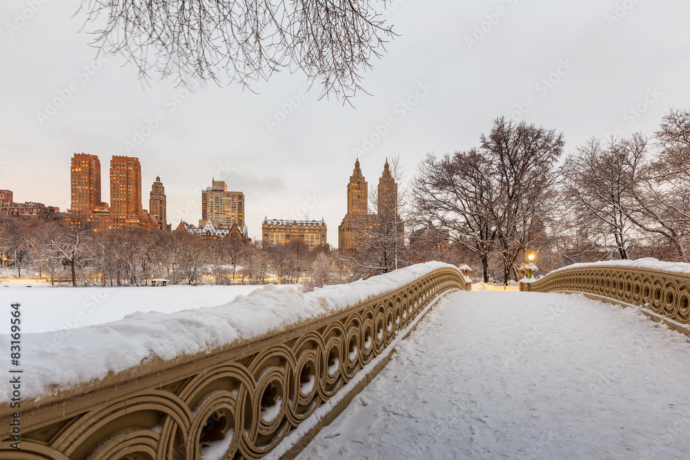 Central Park - New York City bow bridge after snow storm