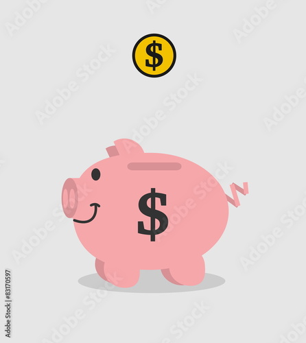 piggy bank pink dollar with piece on grey background 