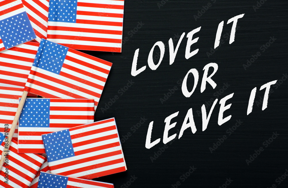 Obraz premium The phrase Love It or Leave It on a blackboard with USA flags