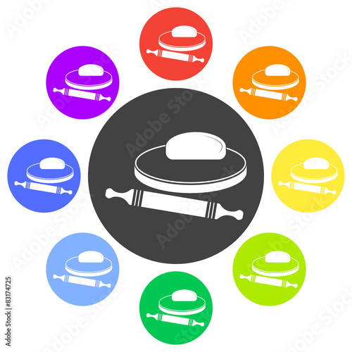 Vector illustration of dough and rolling pin on a wooden board.