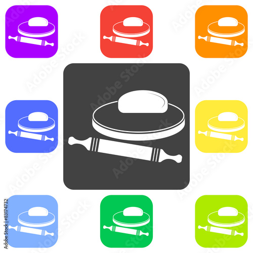 Vector illustration of dough and rolling pin on a wooden board.