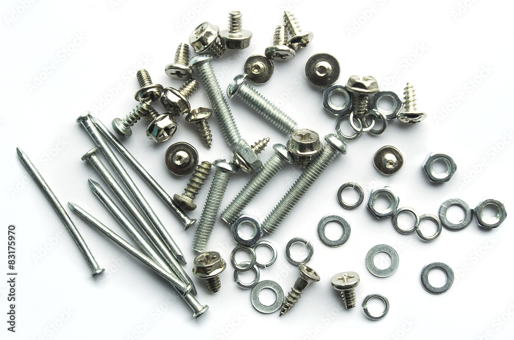 screws, bolts, nails on white background screws, bolts, nails on white background