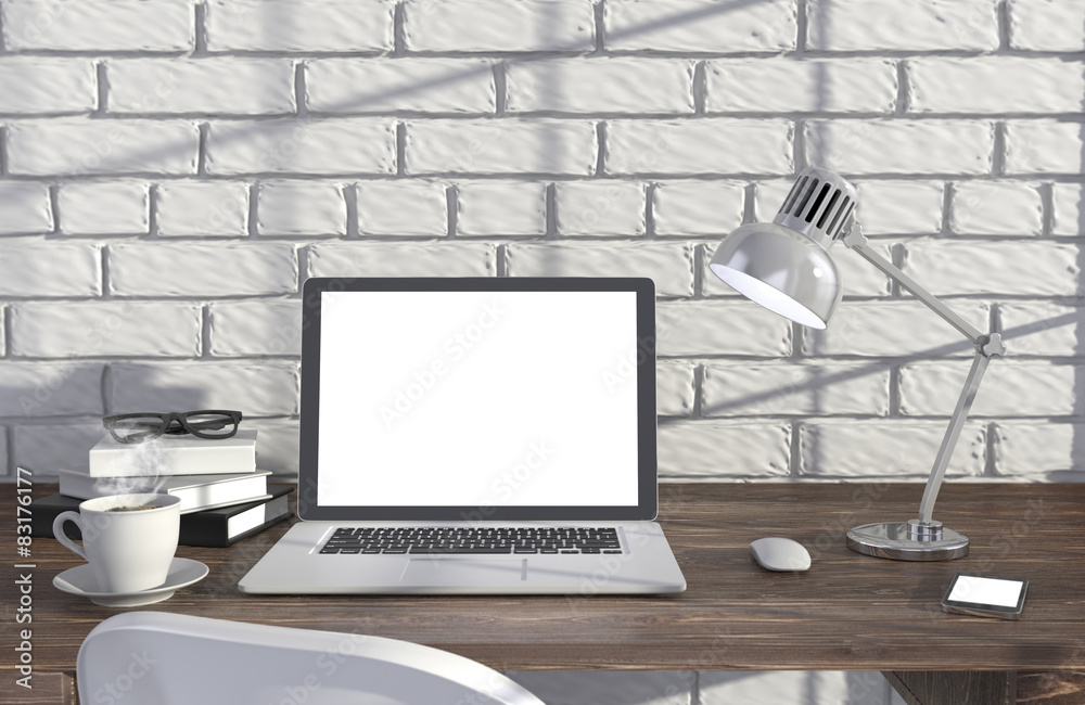 3D illustration laptopand work stuff on table near brick wall 3D illustration laptopand work stuff on table near brick wall