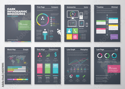 Colorful flat infographic templates on black background