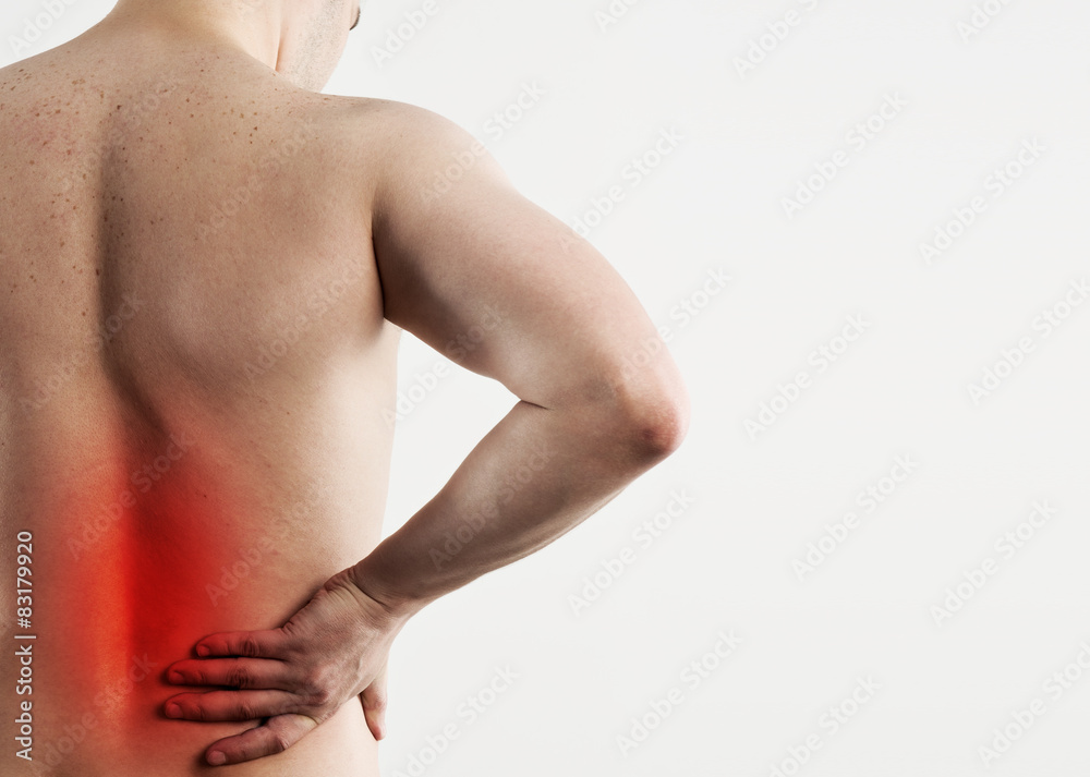 Naklejka premium Młody człowiek cierpiący na lumbago. Urazy pleców i leczenie
