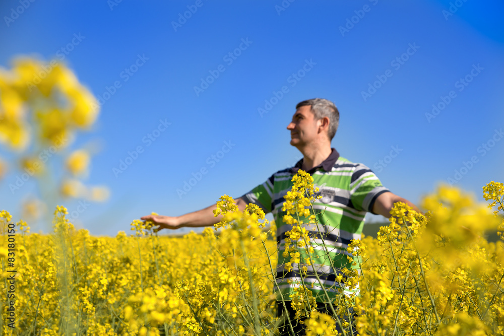 happy man in the rapeseed plantation, look the blue sky 