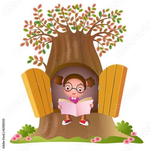 Illustration of a young girl reading a book at the big tree