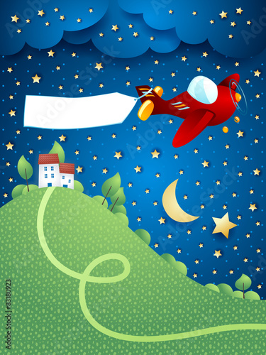 Night landscape with airplane, banner and hill