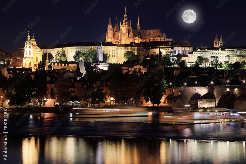 Night Prague gothic Castle with the Moon, Czech Republic