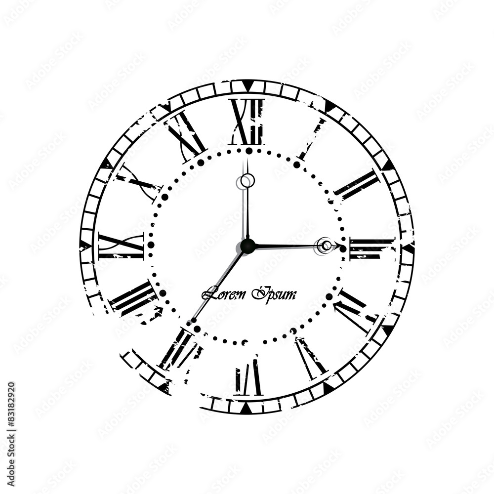 Vintage old clock dial on white background.
