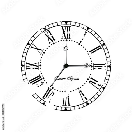 Vintage old clock dial on white background.