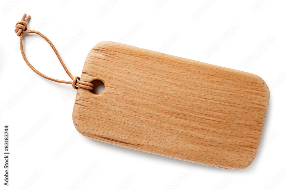 wooden tag with thin leather cord Stock Photo