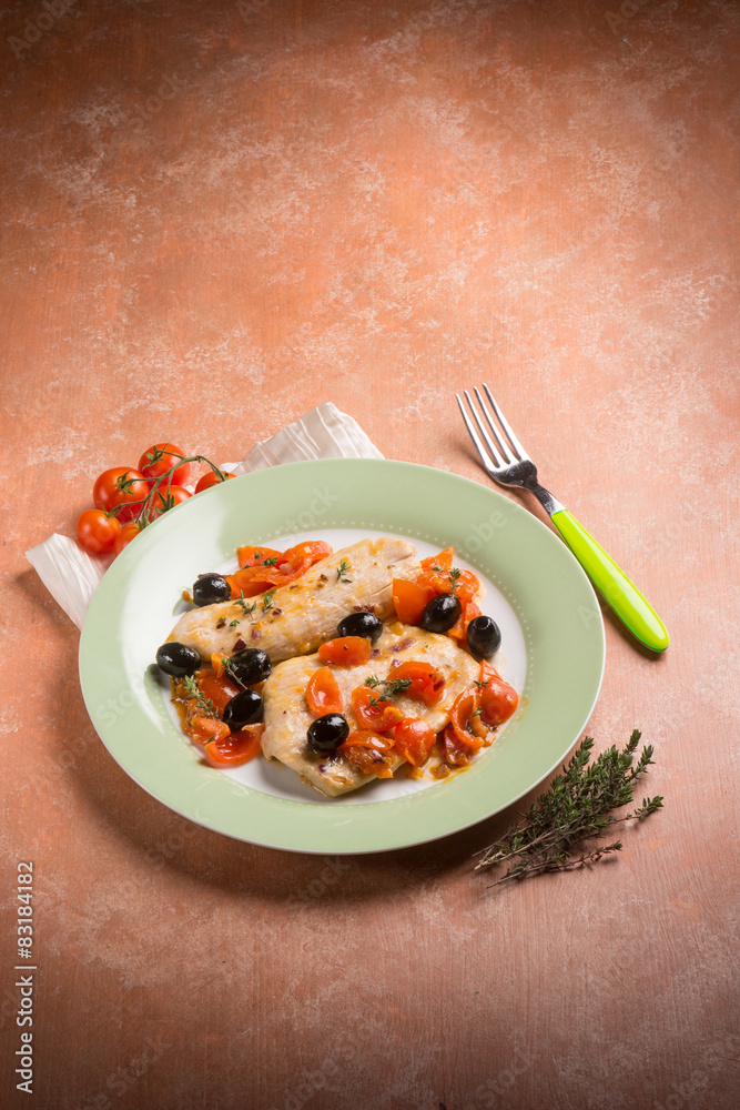 escalope with tomatoes olives and thymus