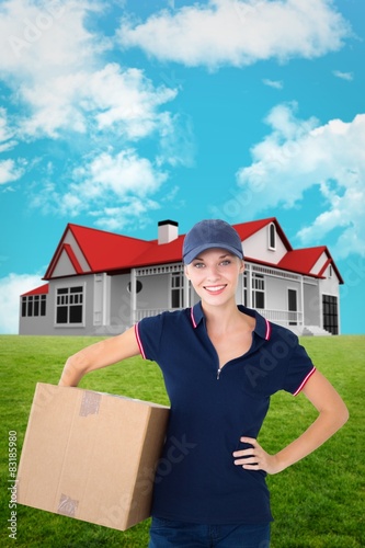 Composite image of happy delivery woman holding cardboard box 