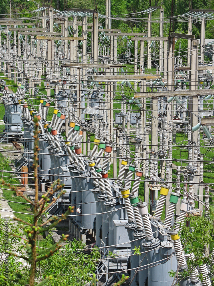 high voltage transmission power lines at power plant