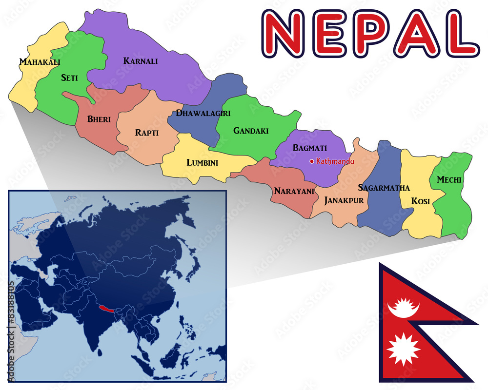 Map, Flag and Location of Nepal vector de Stock Adobe Stock