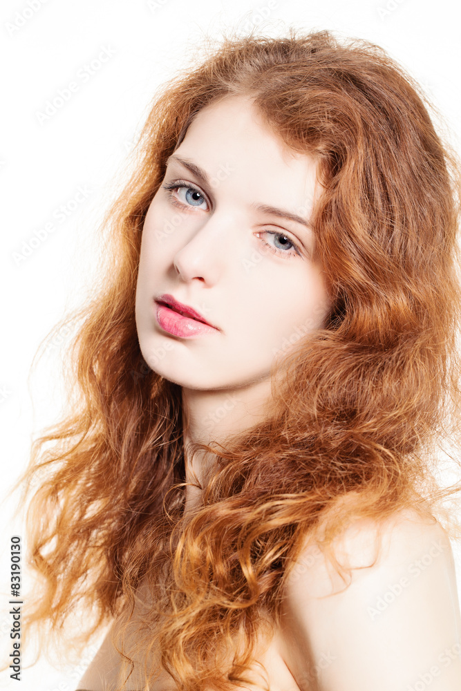 Young Beautiful Woman. Red Curly Hair, Natural Makeup