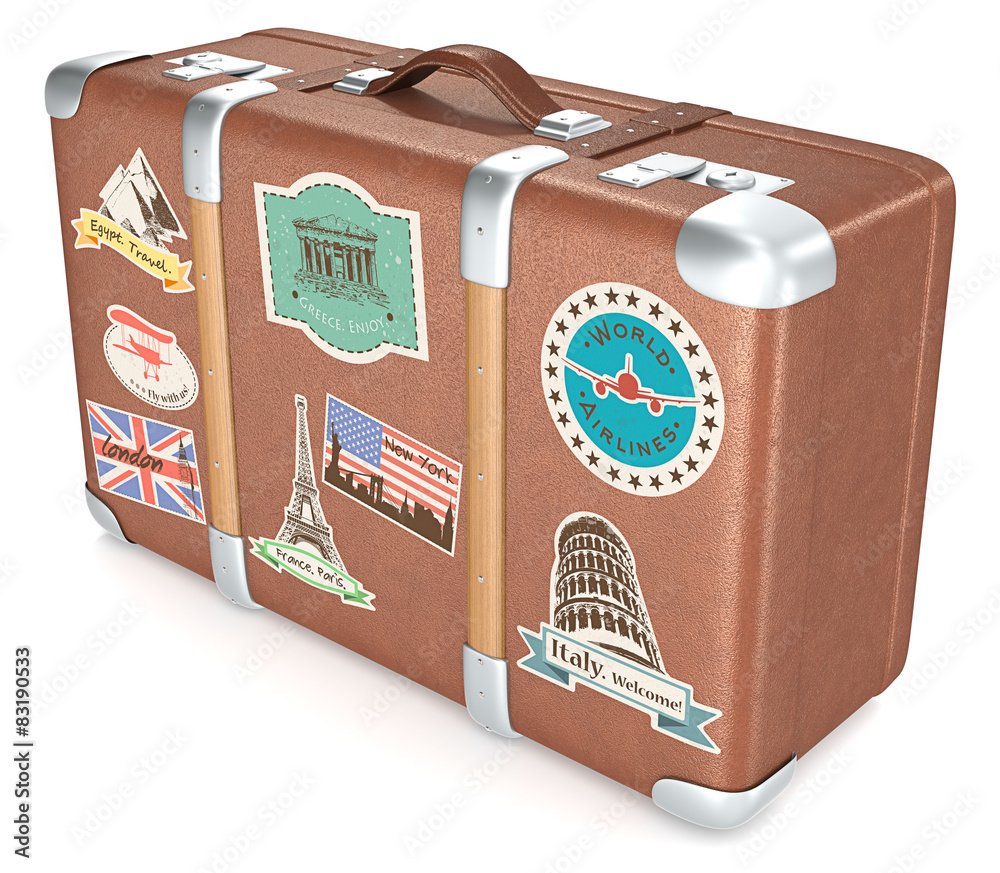 Vintage Suitcase. Leather suitcase with retro travel stickers