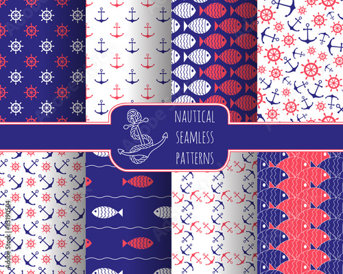 Set of 8 seamless nautical patterns photo