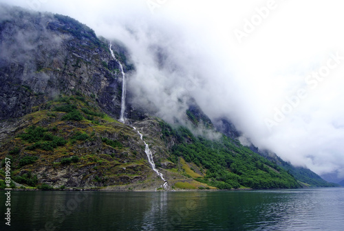 Mountains and fjord Nærøyfjord in Gudvangen, Norway