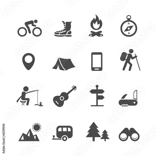 Vector icons forest camping set with compass guitar tent