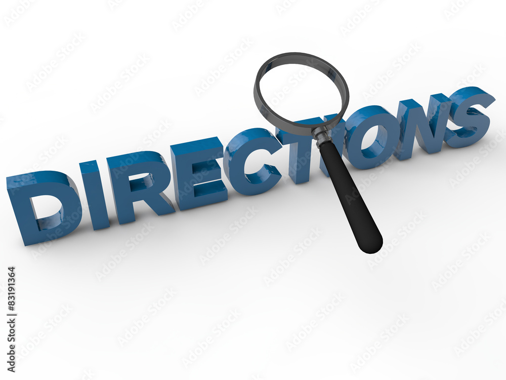 Directions with magnifier over white background Directions with magnifier over white background
