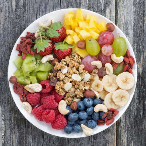 berries, fruits, nuts and granola