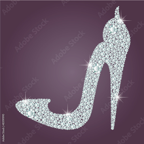 Elegant ladies high heels shoe shape, made with shiny diamonds. Isolated on the round gradient dark violet background. Vector illustration.