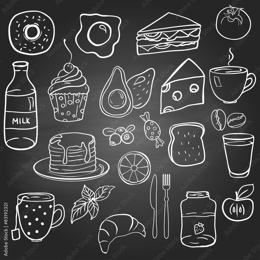 Set of food on the blackboard Set of food on the blackboard