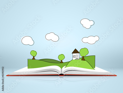 Landscape with hills and tree on open book