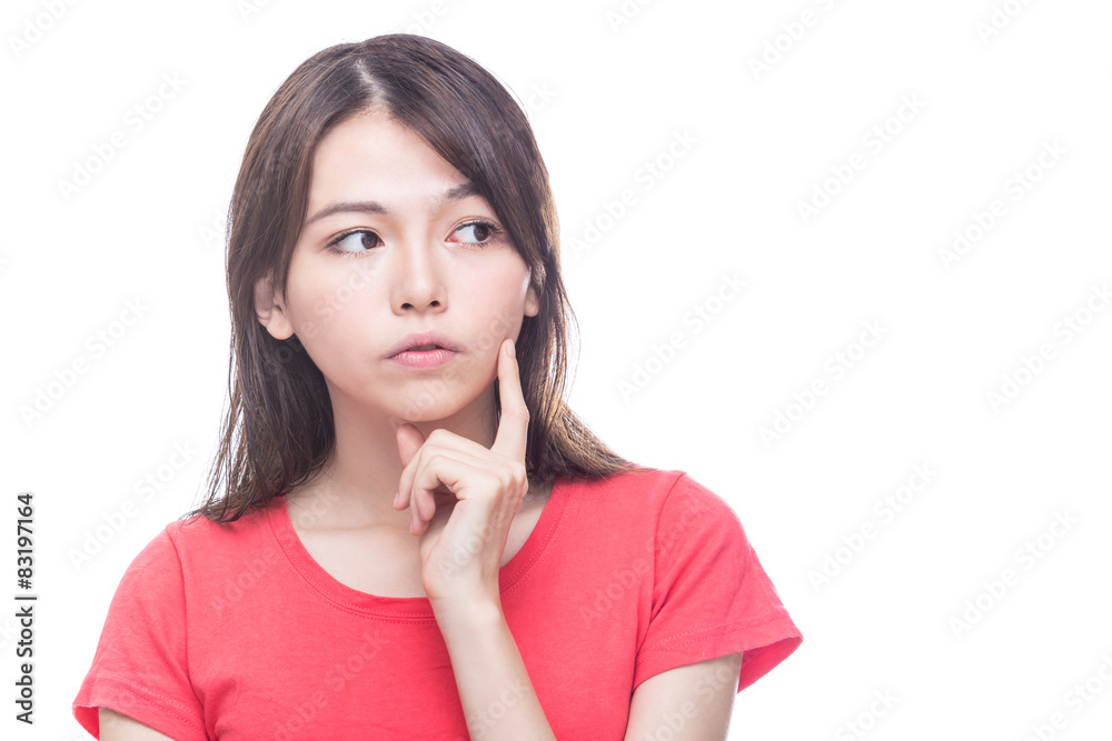 Chinese woman with hand on face, thinking Chinese woman with hand on face, thinking
