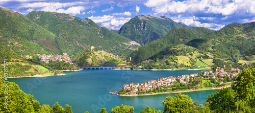 impressive views of Turano lake with village Colle di Tora,Italy