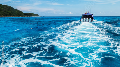 Boat Wake Prop Wash in Clear Blue Sea from Behind of Speed Boat