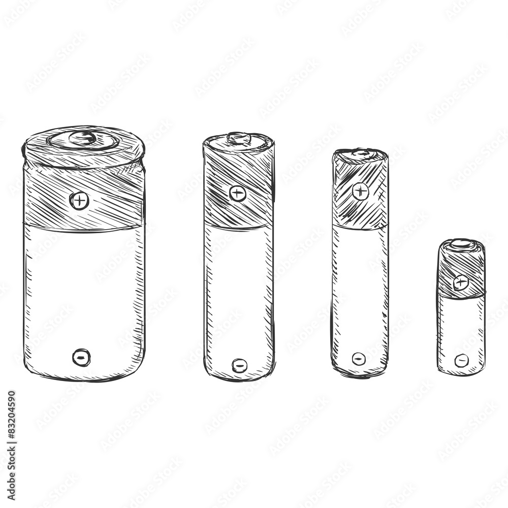 Vector Set of Sketch Batteries C, AA, AAA, A23. Stock Vector Adobe