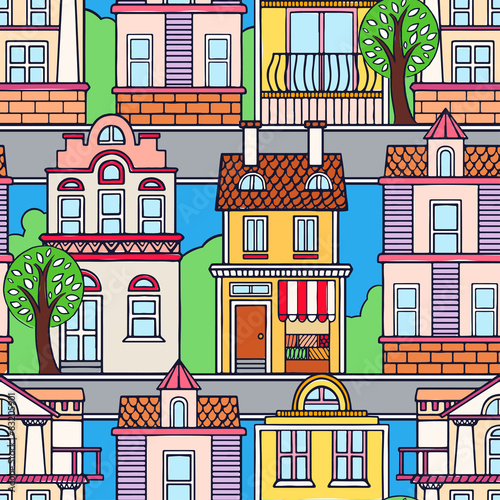 seamless vintage colorful houses