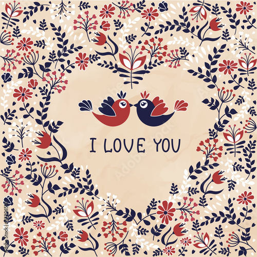 Beautiful card with a love of birds and flowers hearts