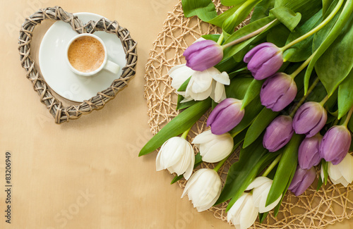 Wallpaper Mural tulips on the table with cup of caffee Torontodigital.ca