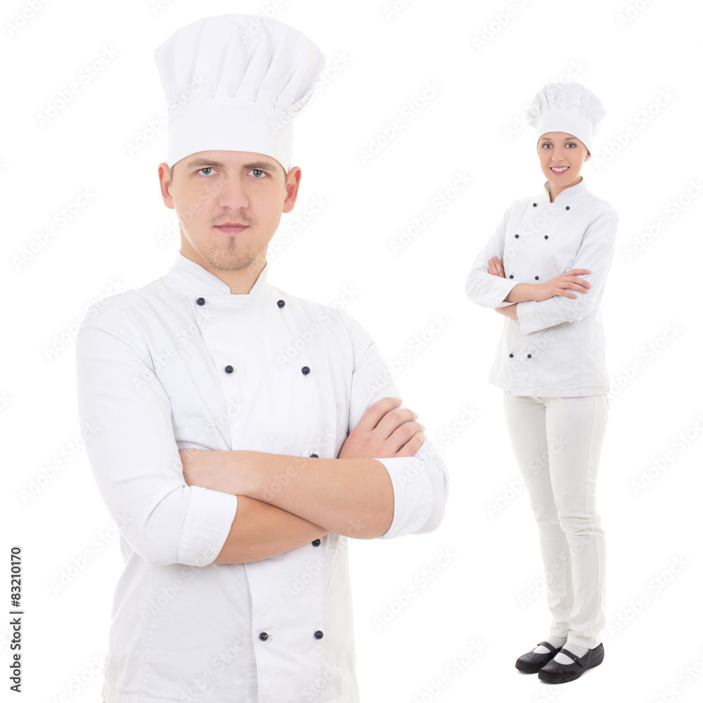 team work concept - woman and man chefs isolated on white