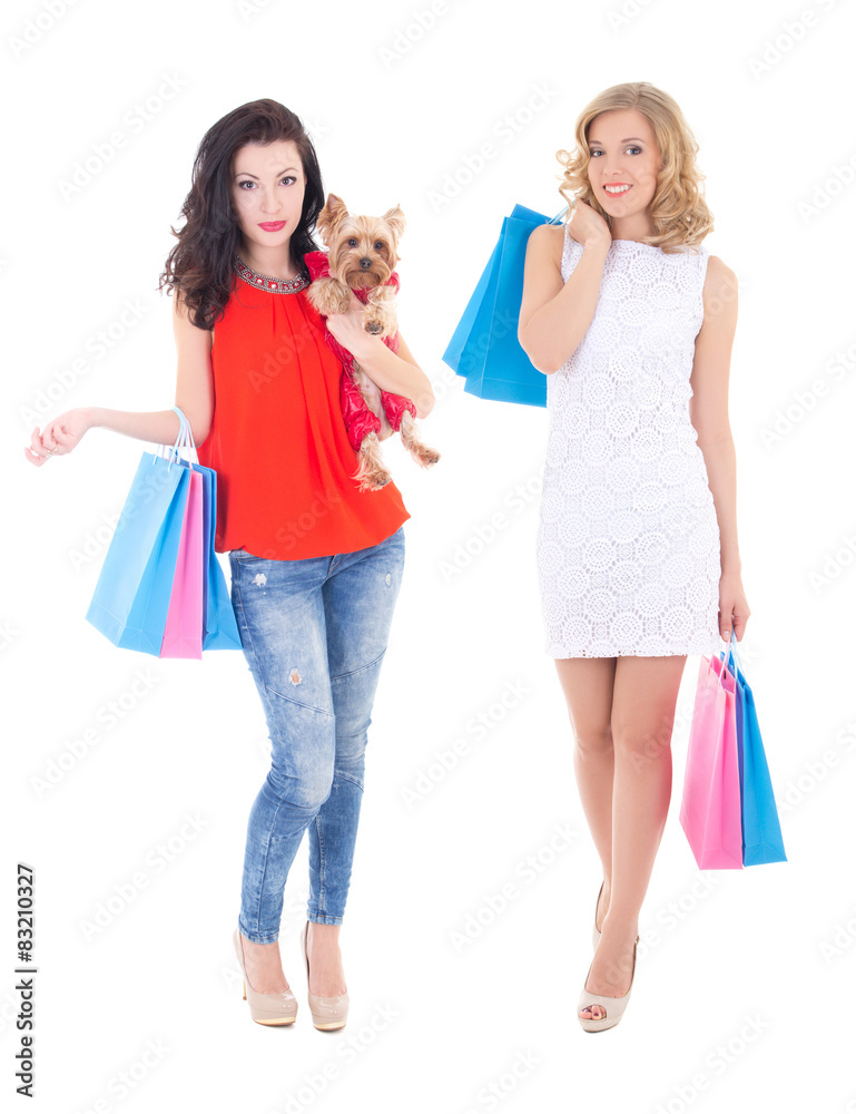 beautiful women with shopping bags isolated on white