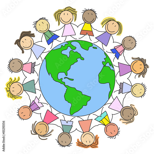 Kids on world - group of children on globe - illustration