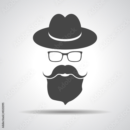 black hat with mustache, beard and glasses isolated on a grey ba