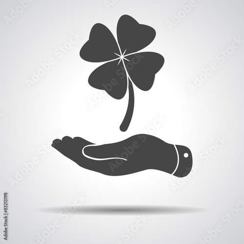 flat hand showing clover with four leaves sign icon 