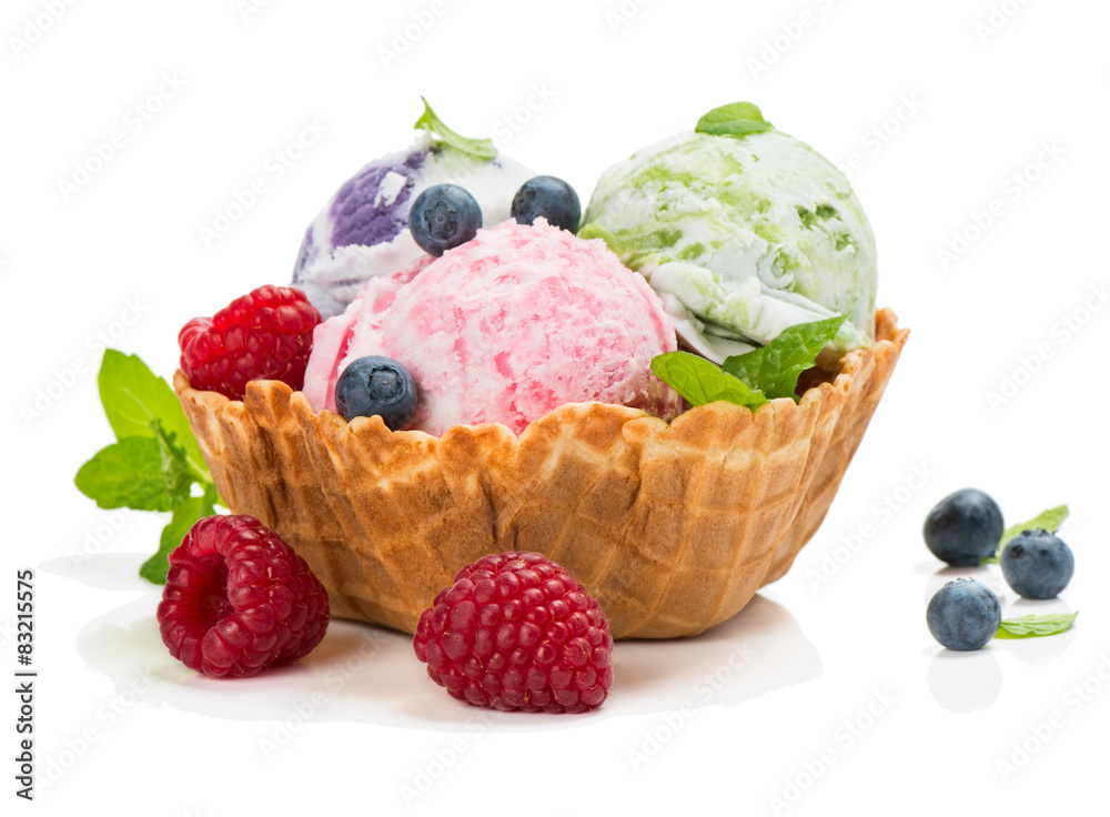 Ice cream of berry in a basket of waffle Ice cream of berry in a basket of waffle