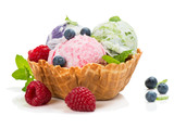  Ice cream of berry in a basket of waffle