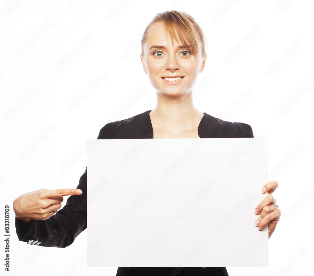 young business woman showing blank signboard young business woman showing blank signboard